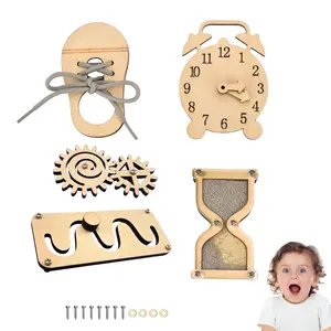 5 pieces Busy Board Diy Parts - DIY Materials for Parents - Sensory Board Accessories -Wooden Activity Parts -Maze-Learning Clock- Gear-Sand Clock-Learn to Tie Shoe Laces- Montessori Educational Items