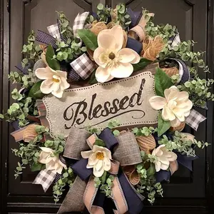 Spring Summer Wreath for Front Door 2 Pieces, Farmhouse Magnolia Porch Decoration,Front Door Hanger,Housewarming Gift, Summer Home Decor