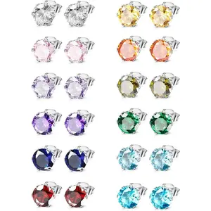 Hypoallergenic Stud Earrings for Women Men Surgical Stainless Steel Birthstone Earrings Studs Colorful Cubic Zirconia Earrings Set Womens small Stud Post Earrings for Sensitive Ears