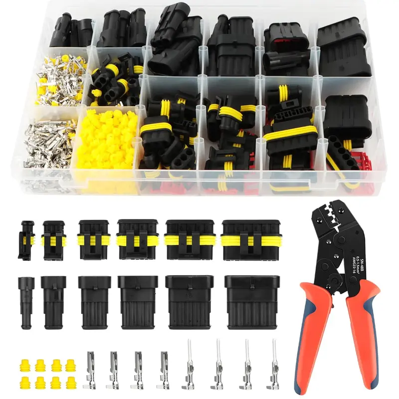 1004 count  Automotive Wire Connectors Kit, 37 Sets Electrical Connector Automotive Electrical Wiring Connectors Kit 1/2/3/4/5/6 Pin  Connectors with Ratchet Crimping Tool Wired Jack Switch