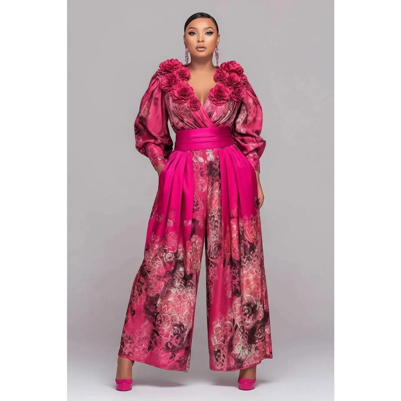 Luxury Pink Floral Wide-Leg Jumpsuit with 3D Rose Detail for Elegant Events