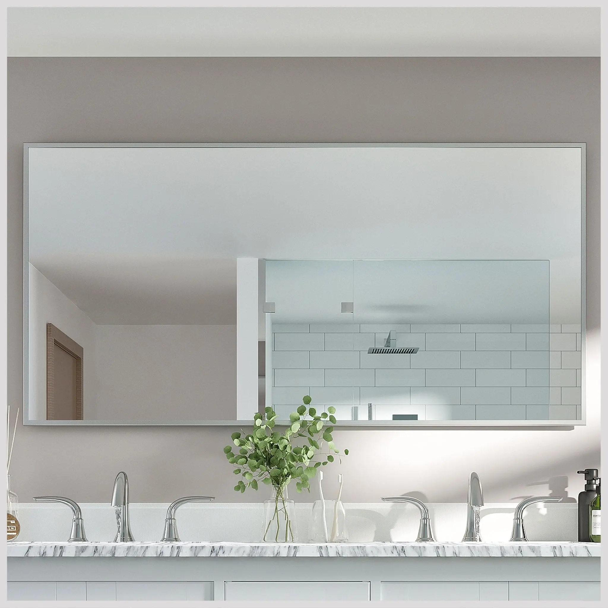 Eviva Sax 60" x 30" Rectangular Brushed Nickel Metal Framed Mirror