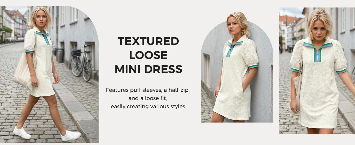 Fisoew Women's Active Sweatshirt Dress - Lady's Athletic Dress with Adjustable Quarter-Zip V-Neck, Textured Puff Short Sleeves, Breathable Fabric, Fit for Everyday Casual Wear