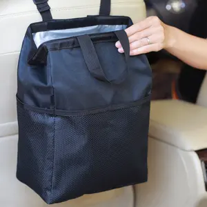 3.5gal Automotive Leak-Proof Hanging Trash Bag - Oxford Fabric Bin with Hook-Loop Lid, Handle, Storage Pockets for Cars/SUVs, Multi-Purpose Home Care Bin (Black)