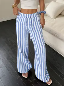 This blue-white striped wide-leg pants, Womenswear, is flowy, Stretchy fabric + elastic waist = effortless chic for summer Pair with a crop top for brunch/street style comfy and trendy Perfect for vacation fits, lazy days, or any casual glow-up