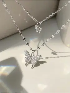 Women's Rhinestone Butterfly Decor Layered Dangling Charms Necklace, Casual Alloy Dainty Jewelry for Party, Daily Clothing Decor