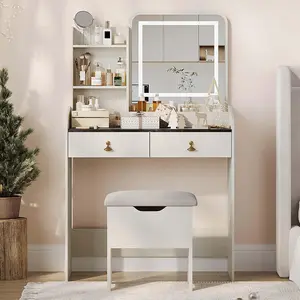 【GARVEE】Vanity Desk with Mirror and Adjustable LED Lights, Makeup Vanity with Power Outlet, 3 Lighting Colors, 2 Large Drawers, Dressing Table with Storage Stool, Grey Finish