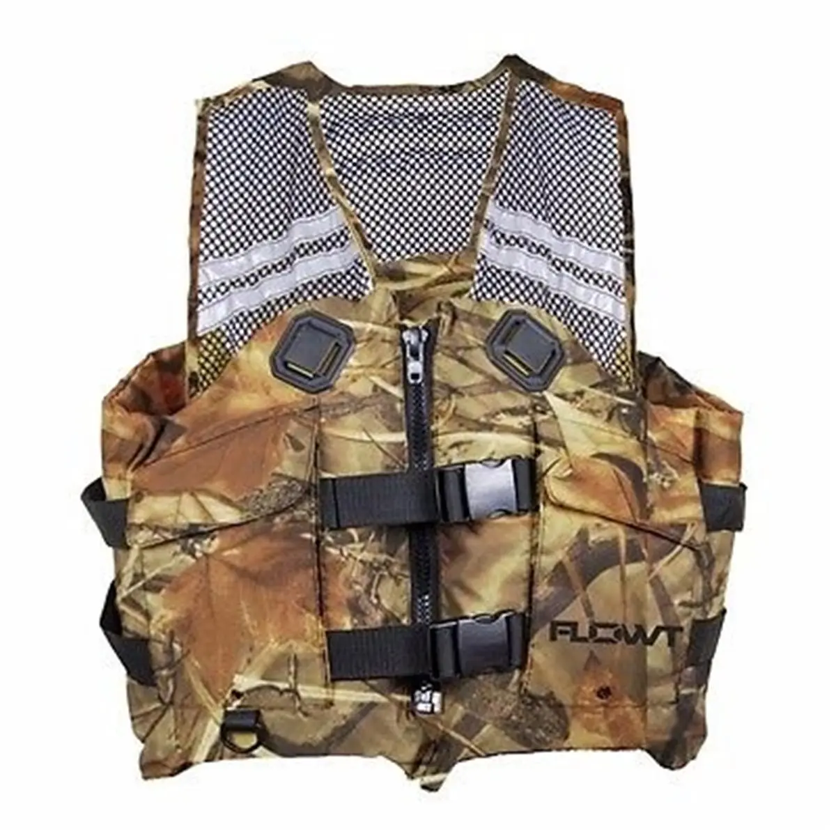 Flowt Camouflage Fishing Vest with Breathable Mesh Back, Dual Pockets, and Large Armholes for Mobility, Size S/M (32-40 in)