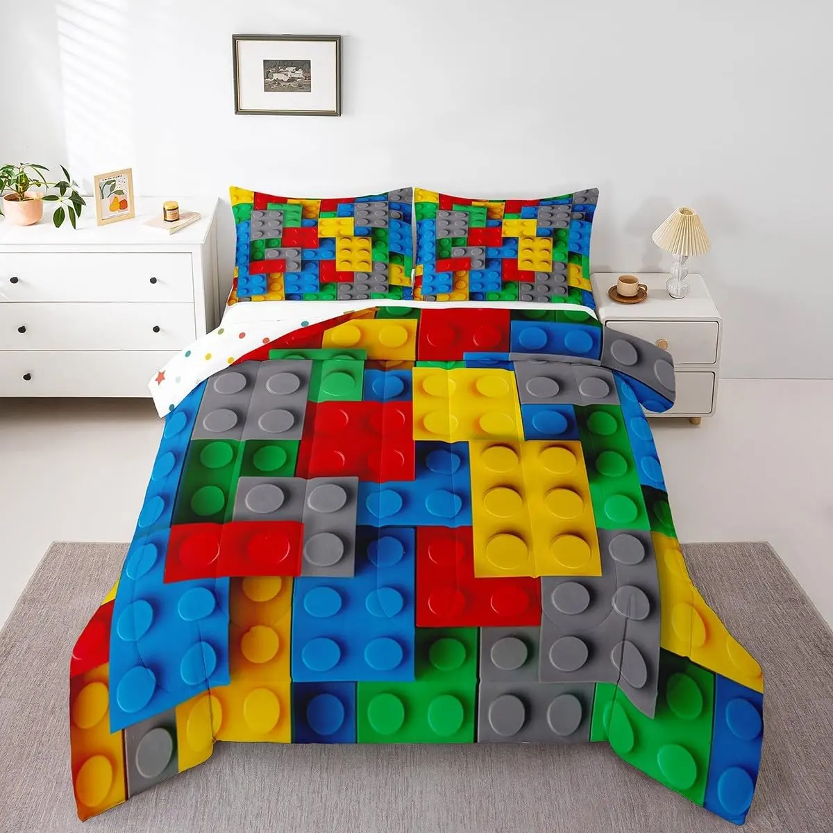 Feelyou Construction Building Blocks Comforter Set - Colorful Rainbow Gradient Bedding Supplies, Soft Cozy Nursery Warm Blanket, Geometric Pattern Quilt Cover Set with Warm Duvet Insert for Teens (Red, Yellow, Green, Blue, Grey), Nursery Warm Blankets