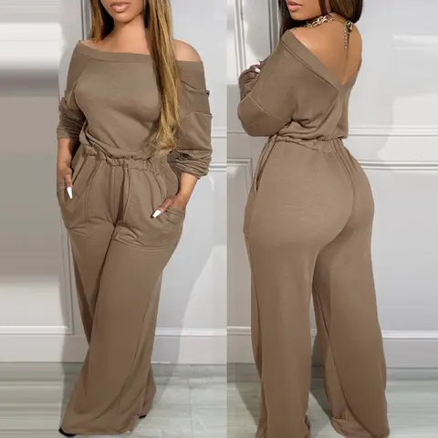CHICME Women's Off Shoulder V-Back Stretchy Waist Overalls Casual Cinched Waist Backless Jumpsuit