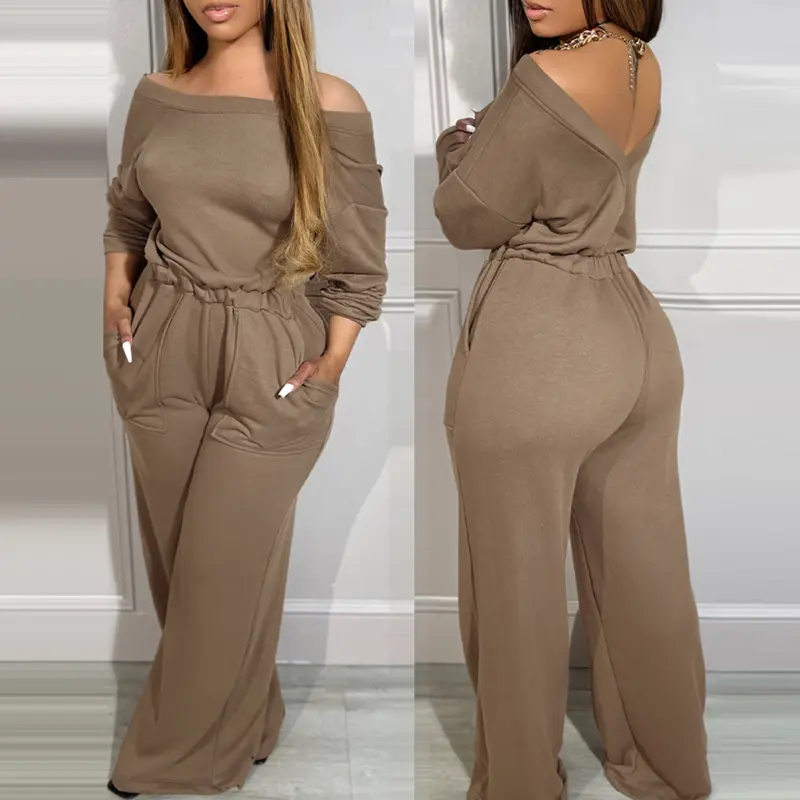 CHICME Women's Off Shoulder V-Back Stretchy Waist Overalls Casual Cinched Waist Backless Jumpsuit