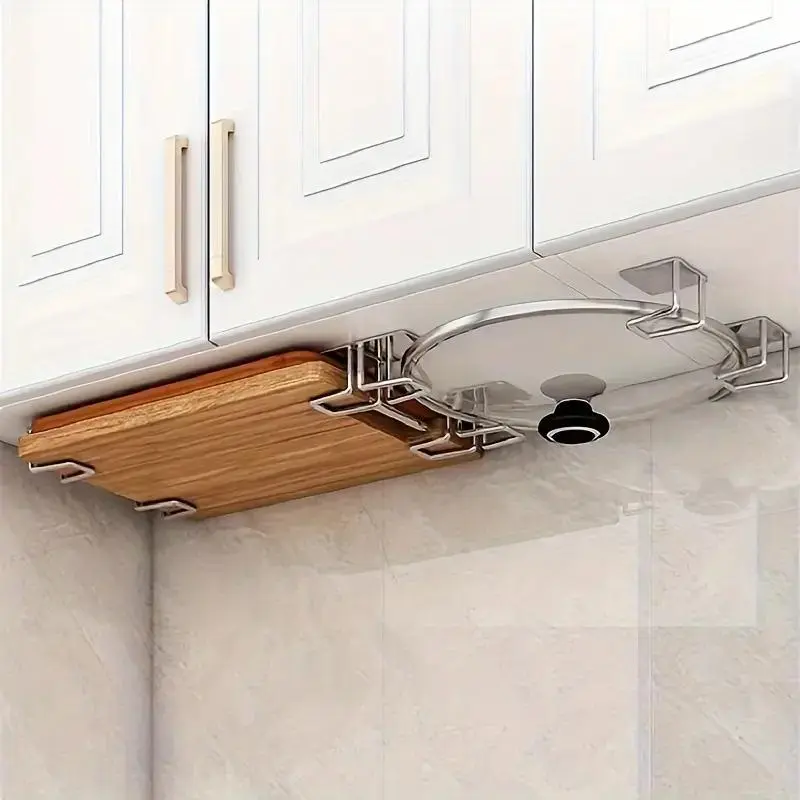 8pcs Multi-Functional Kitchen Storage Set, Easy Installation Wall Mountable Wall-Mounted Pot Lid & Cutting Board Holder, Space-Saving Under Cabinet Rack for Organized Cookware, Space Saving Organizer