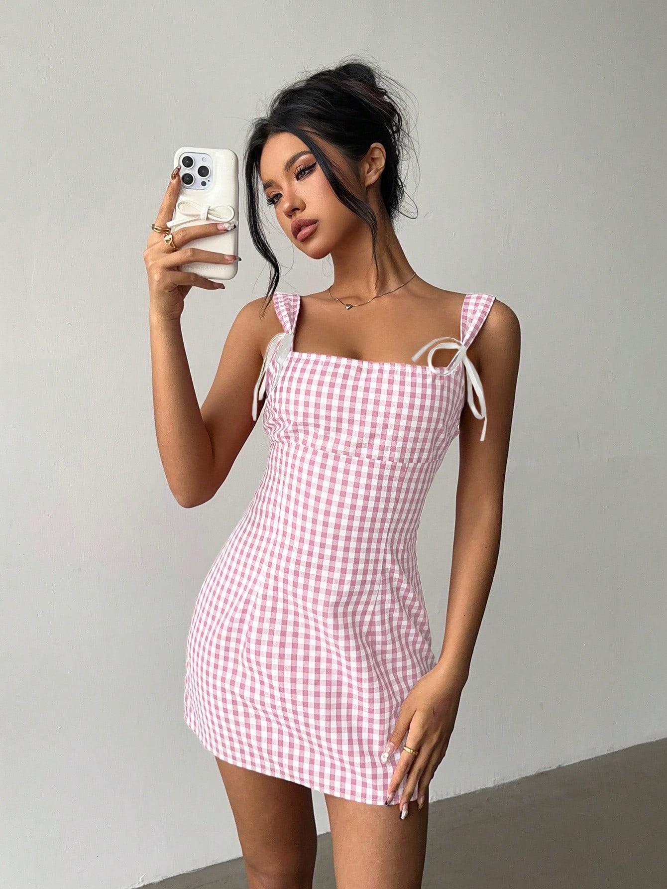 VYNCE Y2K Plaid Mini Camisole Dress Red White Bodycon Cute Pink Casual Summer Outfit Going Out Party Dress
