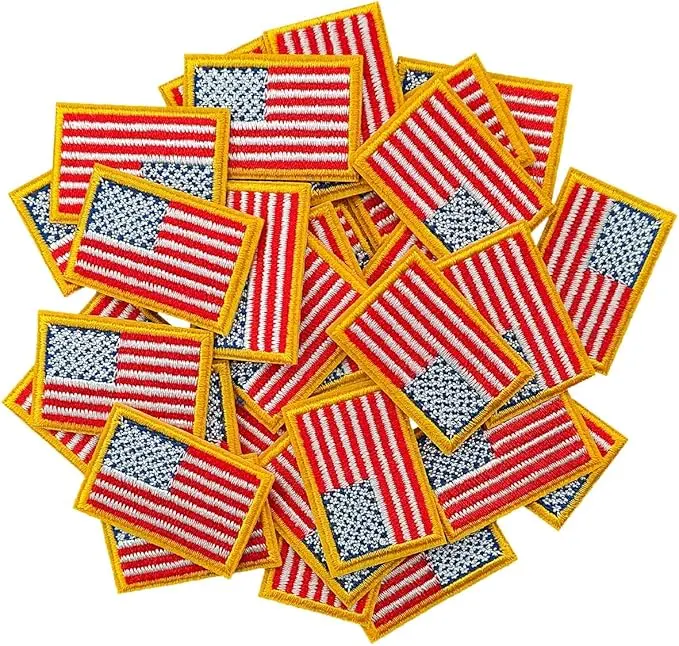 30Pcs Small American Flag Patches Patriotic Embroidered Iron-On US Flag Patch Appliques, Iron on or Sew on for Uniforms, Hats, Backpacks, Jackets, Pants, DIY Accessories-Gold