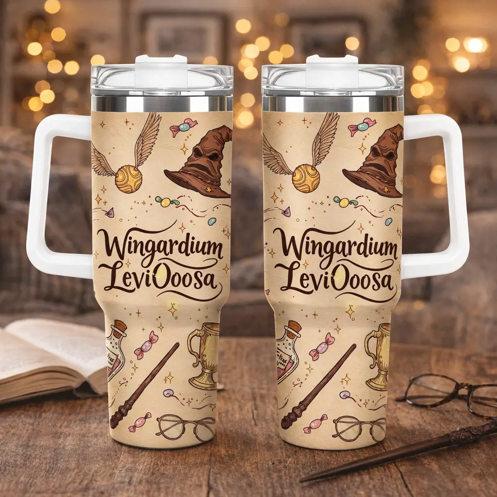 HP Wizard College Fan Gift Tumbler, Vintage Magic Spell Art Travel Drinking Cup, Perfect Present for Wizard Fantasy Fans