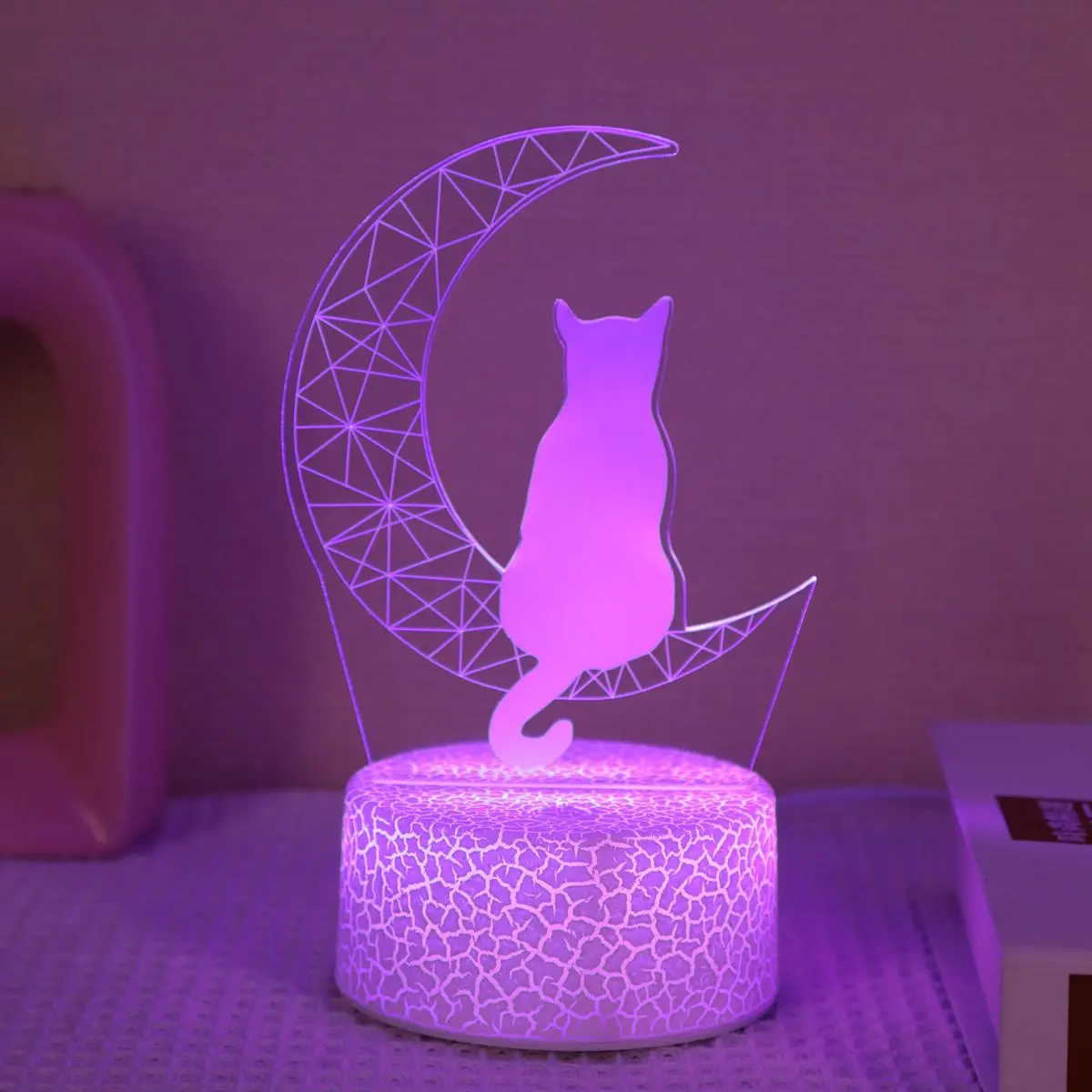 Moonlight Cat Creative LED Night Light, Touch Color Changing Lamp for Kids Bedroom Decor, USB Desktop Lamp with Crack Pattern Base, Indoor Decorative Light, LED Mood Light, Dimmable Nightlight