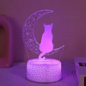 Moonlight Cat Creative LED Night Light, Touch Color Changing Lamp for Kids Bedroom Decor, USB Desktop Lamp with Crack Pattern Base, Indoor Decorative Light