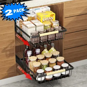 2 Pack Pull Out Cabinet Organizer, Metal Slide Out Drawers for Cabinets, Sliding Drawers Adhesive Nano Film Roll out Shelf for Kitchen Pantry Bedroom Racks Smooth