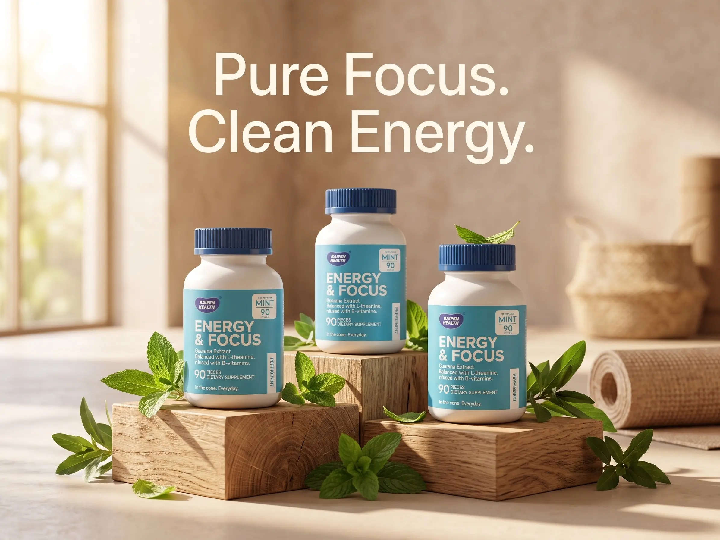 BAIFEN Sugar-Free Peppermint Mints Dietary Supplement Stack - Focus Fuel with Guarana Blend, L-Theanine, B Vitamins for Brain Nutrition, Energy & Clarity