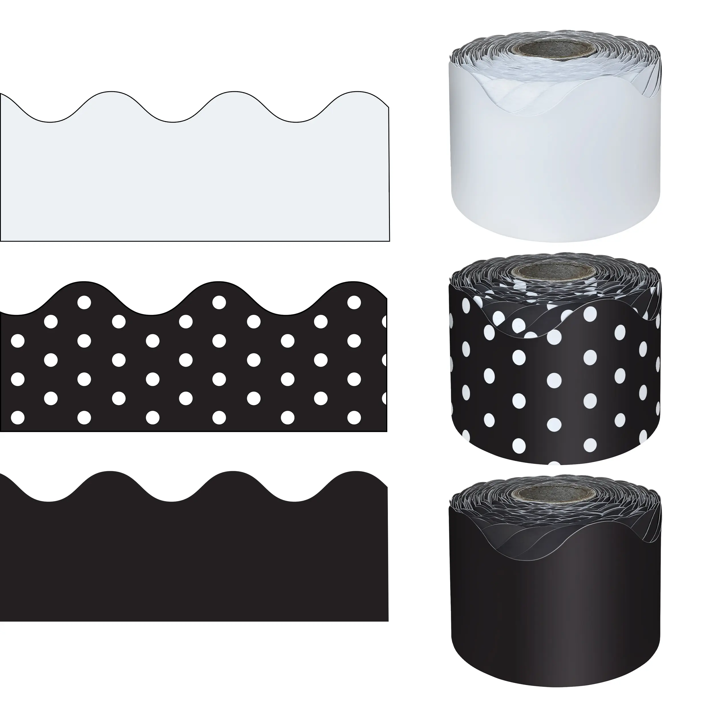 Carson Dellosa 65' Black, White, & Polka Dot 3 Pack Rolled Scalloped Bulletin Board Border Set
