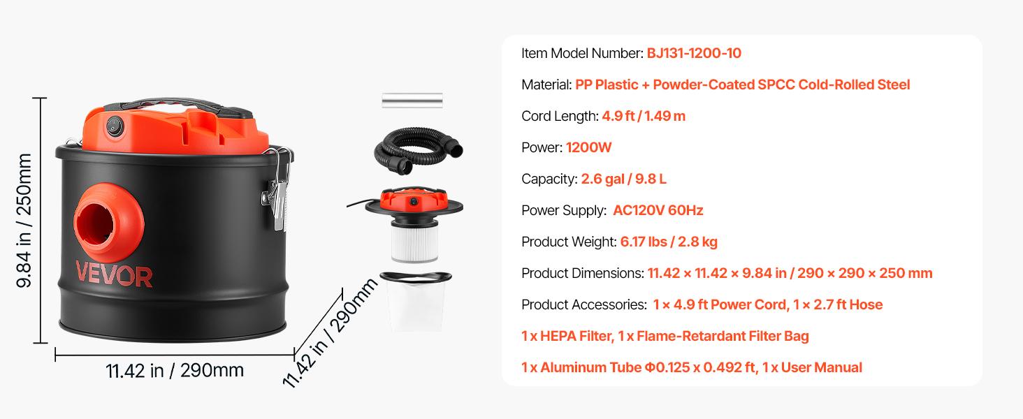 VEVOR Ash Vacuum 2.6 Gallon, 1200W Powerful Fireplace Cleaner Steel Body, for Fireplace, Pellet Stoves, Wood Stoves, Fire Pit, Grills, Double Stage Filtration System, 2.7 FT Hose, Black & Orange