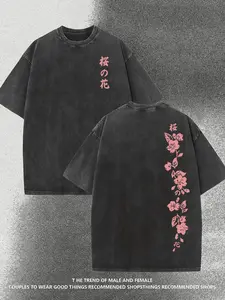 Japanese Cherry Blossom Double-Sided Cherry Blossom Pattern Print. Round Neck Short Sleeve Washed T-Shirt 230g Cotton Double-Sided Washed All-Matching Fashionable Retro Batik High  y2k,Vintage,Streetwear Christmas gift,Thanksgiving gift,Cyber Monday