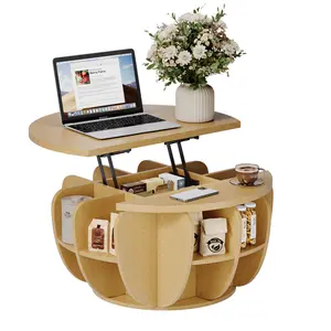 Oxirth 32.68" Round Lift Top Coffee Table with Storage, Modern Wooden Coffee Table with Hydraulic Lift & Multi Open Compartments, 2-in-1 Coffee Table & Work Desk for Living Room (Natural Wood)