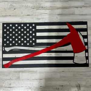Metal American Flag Firefighter Edition 27x14 Inches Powdercoated Durable Display Flag for Patriotic Decor