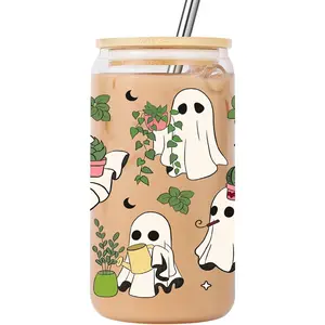 Cute Ghost  Glass Cup w/Lid & Straw, 16 oz Iced Coffee Cup, Spooky Gardening Gifts, Halloween Gifts for  Lovers, Gardeners, Boo Basket Stuffers for Women, Men, Adults, Teen Girls