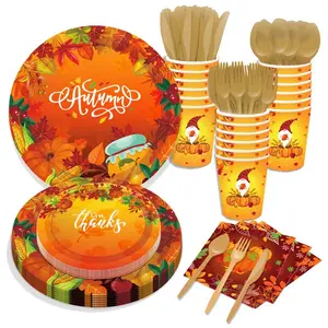 Autumn Thanksgiving Maple Leaf Dinner Plate Party Supplies Dinner Plate and Napkin Birthday Disposable Tableware Set Party Tableware