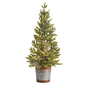 Nearly Natural  26 in. Pine Natural Look Artificial Christmas Tree with 35 Warm White Lights in Rustic Metal Planter