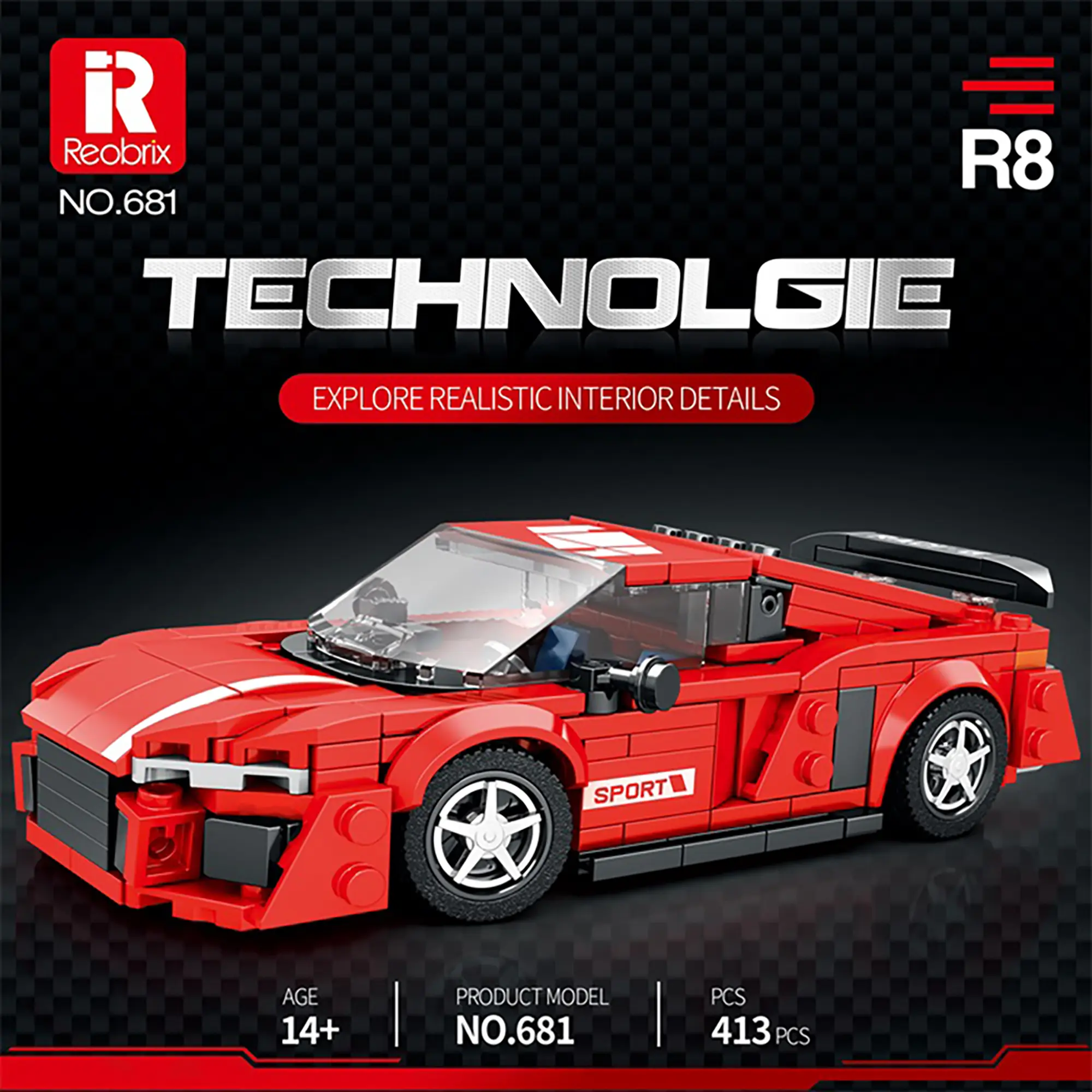 Reobrix R8 Supercar Building Blocks Kit, 413PCS Brick Set, Model Building Kits for Kids Aged 6+, Race Vehicle Toy, Birthday Gift Compatible with Reobrix and LEGO Sets, Modular Block, Assembly Blocks Set