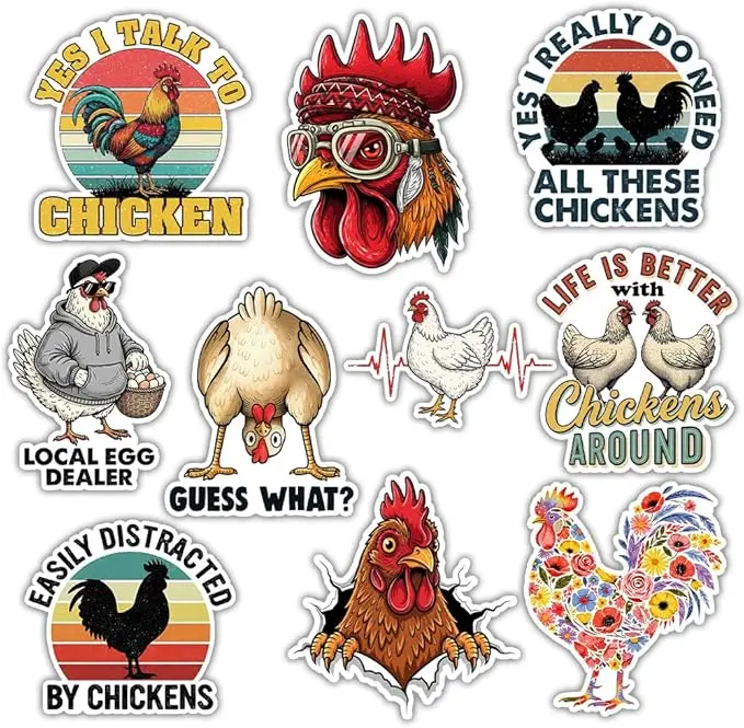 10pcs- Funny Chicken Stickers for Kids Adults Guess What, Support Local Egg Dealer Hen Rooster, Farm Animal Stickers Waterproof Decal for Car Water Bottles Notebook Luggage Window Egg Carton