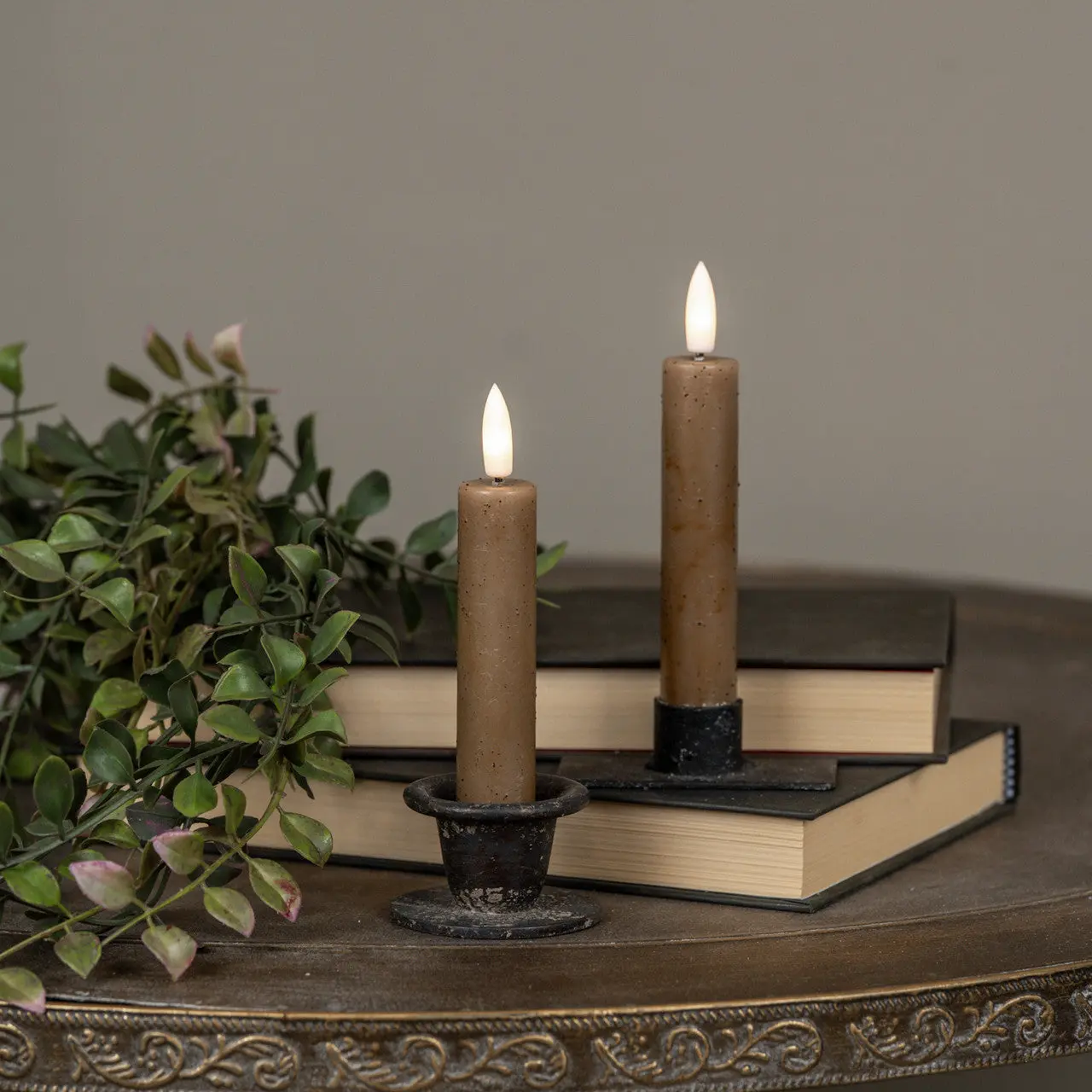 Dark Beige Flameless Taper Candle – 3D Flame, 6-Hour Timer (5.75", 7.25" or 9.5")