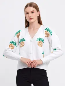 Women's Pineapple Printed White Cropped Knit Cardigan Pineapple Sweater Cute Winter Outfits
