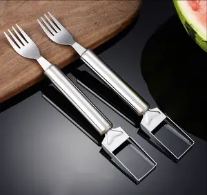 2 Pack/4 Pack 2-in-1 Stainless Steel Fruit Cutter,Watermelon Slicer with Fork,Dual Head Watermelon Fork Slicer Tool for Cubes,Portable for Camping,Picnics,Home,Party