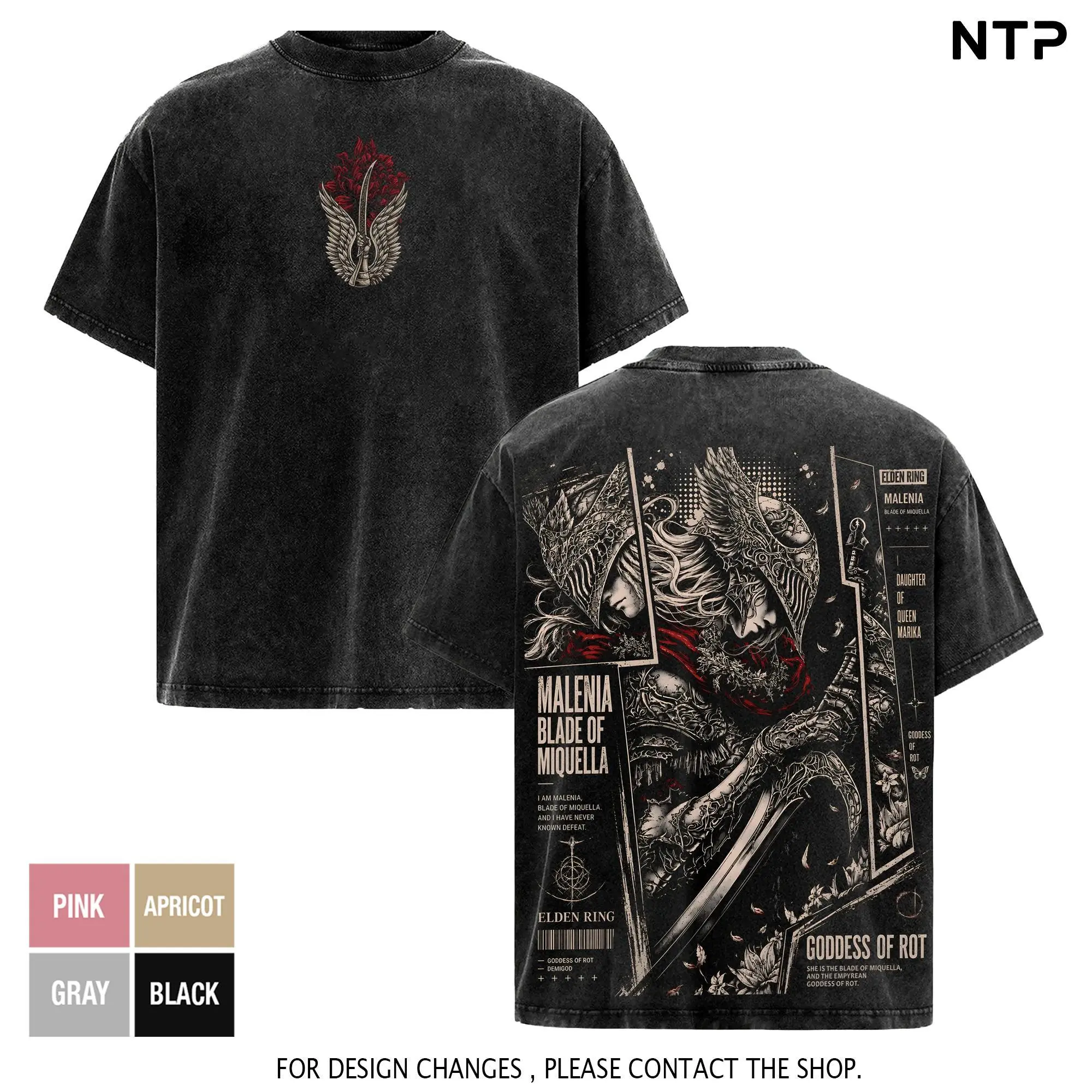 Malenia Design Elden Ring Vintage Washed Oversized T-Shirt - Dark Fantasy Goddess of Rot Graphic Tee, Tarnished Soulslike RPG Heavyweight Cotton Streetwear Shirt, FromSoftware Gamer Merch, Perfect Gift for Elden Ring Fans