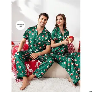 sPajamaSet CoupledUpChristmasElementsCartoonPrintFauxSilkLapelMen