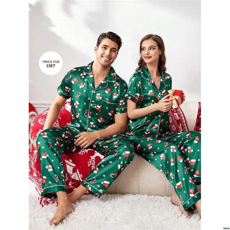 sPajamaSet CoupledUpChristmasElementsCartoonPrintFauxSilkLapelMen sPajamaSet CoupledUpChristmasElementsCartoonPrintFauxSilkLapelMen