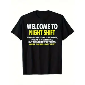 Men's  GSM Heavyweight Pure Cotton T-Shirt - Black with White & Yellow Night Shift Slogan Print, Casual Round Neck Short Sleeve Tee for Nurses, Doctors, Factory Workers, Truck Drivers - Funny Humor Apparel, Mens Tshirt, T Shirt Men, Mens T Shirts, Funny T