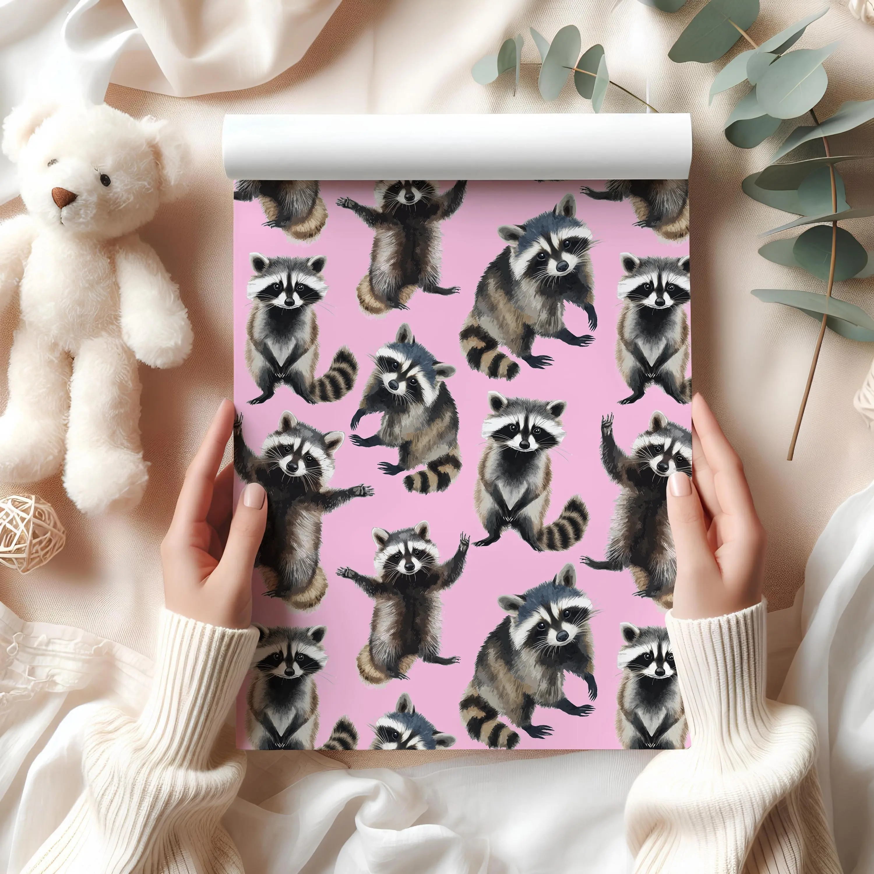 Cute Raccoon Wrapping Paper, Adorable Woodland Animal Gift Wrap, Sweet Forest Creature Present Paper for Birthday or Wedding Gifts