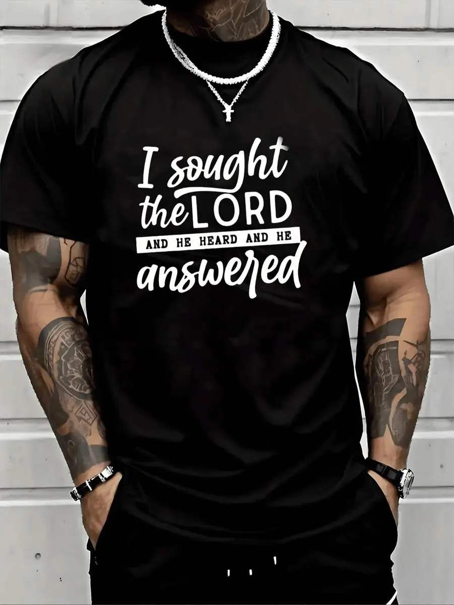 Men's Classic "I Sought The Lord" Graphic Print Short-Sleeve T-Shirt - 100% Cotton, Round Neck, Casual, Breathable, Relaxed Loose Fit, Vibrant Print, Multi-Size (2xl,3xl,4xl,5xl), Fade Resistant, Gentle Wash Menswear Streetwear Tops