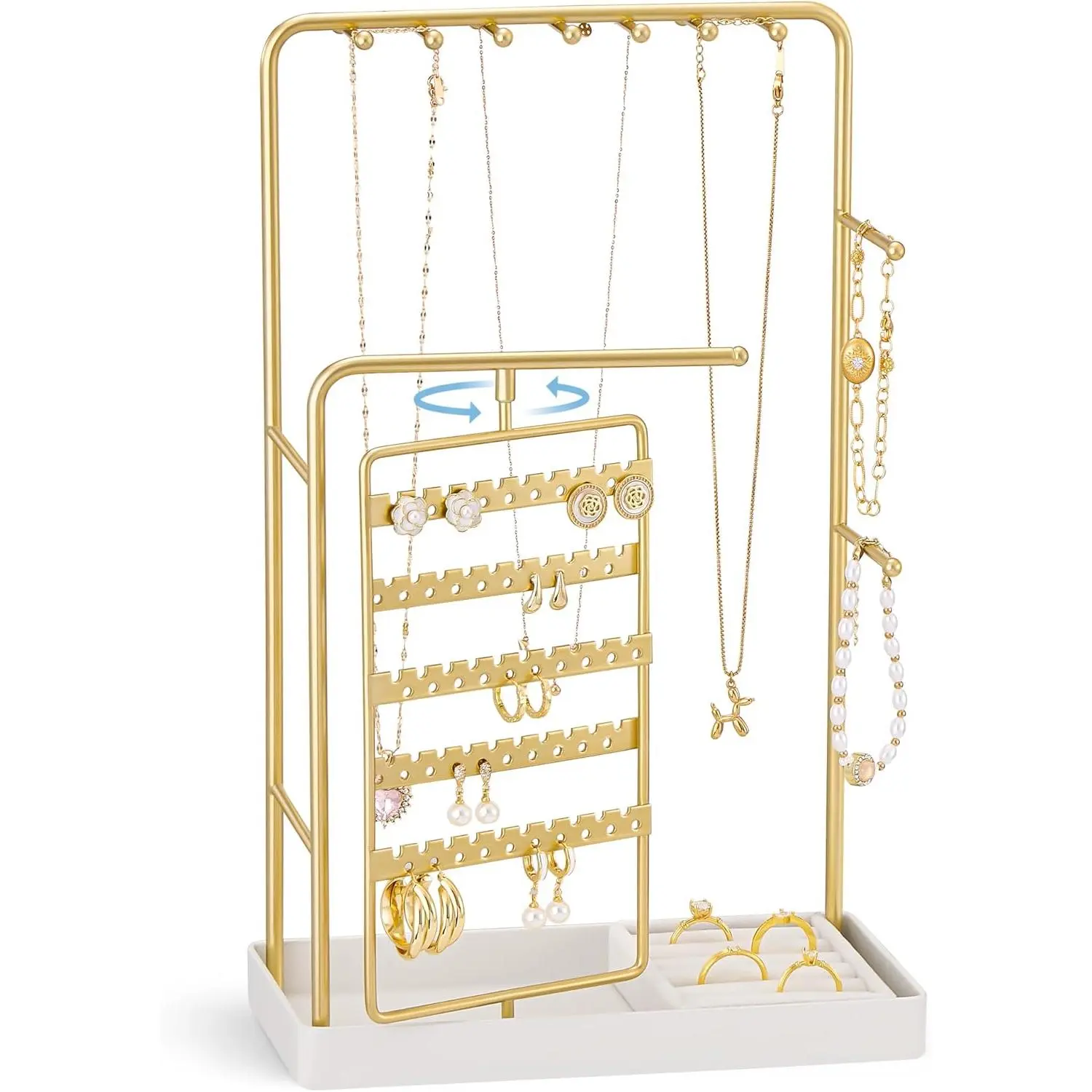 360 Degree Jewelry Boxes & Organizers, Gold No-Assembly Rotating Jewelry Stand with Ring Tray, Earring Bracelet Necklace Holder, Valentine's Gift for Teen Girls Home Dorm Decor