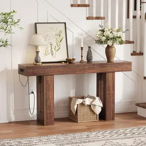 63 Inch Console Table with Power Outlet, Extra Long Sofa Table with USB & Type c Ports, Narrow Entryway Table for Hallway, Foyer Table for Living Room, Rustic Brown