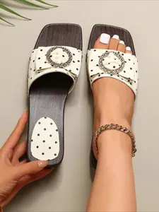 Bohemian Polka Dot Bow Metal Chain Sandals, Retro Wood Grain Chunky Platform Slides, Non-slip Wedge Mules, Casual Vacation Elevator Slippers
