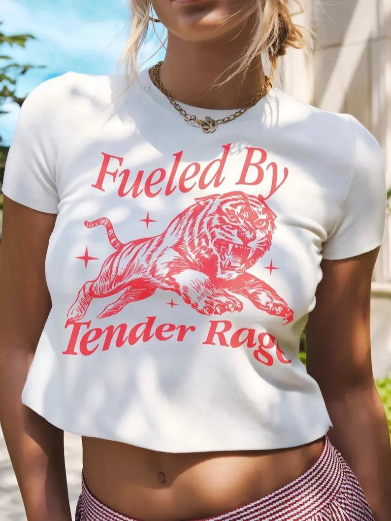 [Sale Up to 35%] Aesthetic Y2K Crop Top Baby Tee - Fueled By Tender Rage Graphic Tee - Trendy Tiger Graphic Tee for Women - Gift for Her