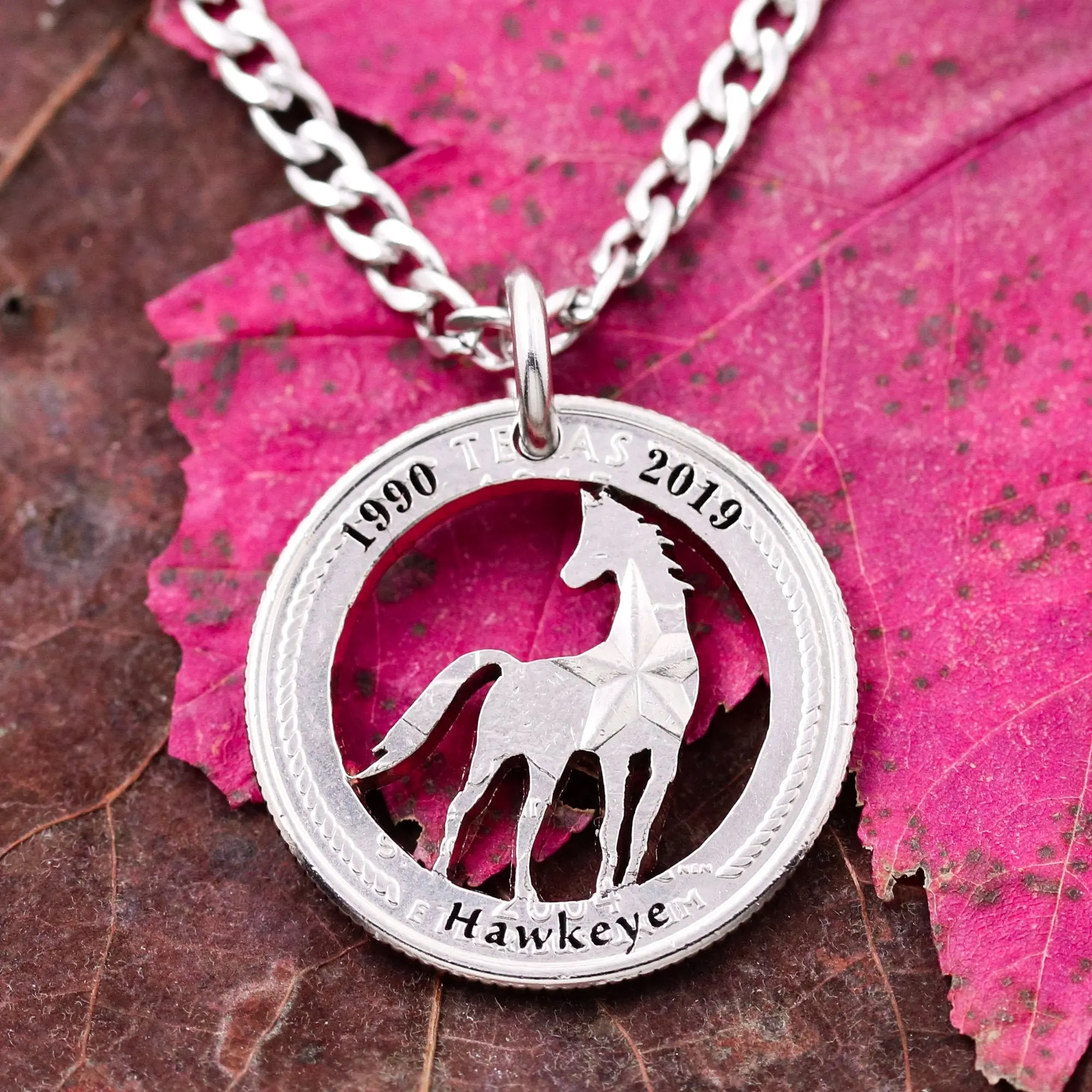 Horse Necklace Personalized with Custom Engraved Name and Dates, Cowgirl Jewelry, Equestrian Pendant, Memorial Coin Hand Cut & Engraved Coin