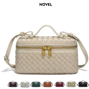 NOVEL Handwoven Box-style  handbag, chic and elegant crossbody bag, Bang Bang bag, double-zipper makeup bag, versatile leather clutch.
