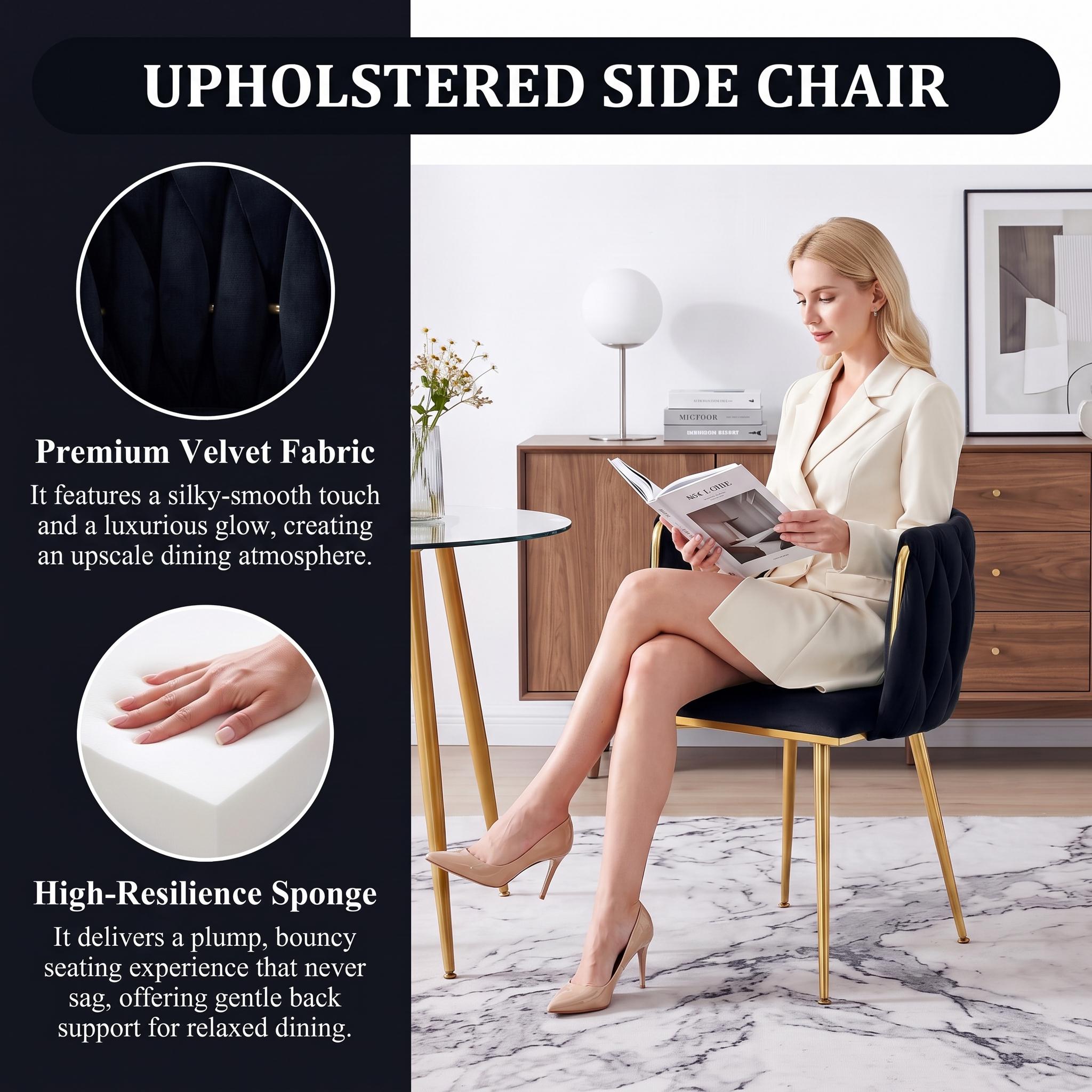 Eyisean 28" H Velvet Modern Dining Chairs Set of 2, Luxury Upholstered Side Chair with Curved Woven Backrest, Durable Accent Chair with Golden Metal Legs, Easy Assembly for Dining Room, Kitchen, Living Room Eyisean 28" H Velvet Modern Dining Chairs Set of 2, Luxury Upholstered Side Chair with Curved Woven Backrest, Durable Accent Chair with Golden Metal Legs, Easy Assembly for Dining Room, Kitchen, Living Room