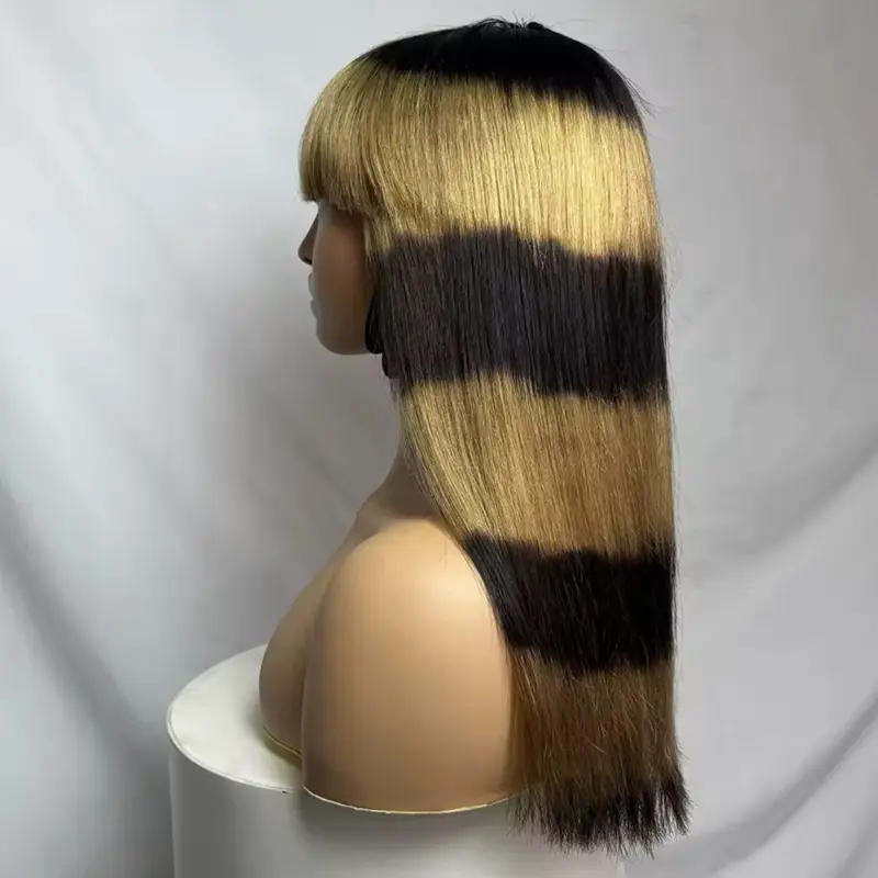 Leopard print Bone Straight Wig With Bangs Dark and Blond Human Hair Wigs For Women Full Machine Made Fringe Glueless Wig